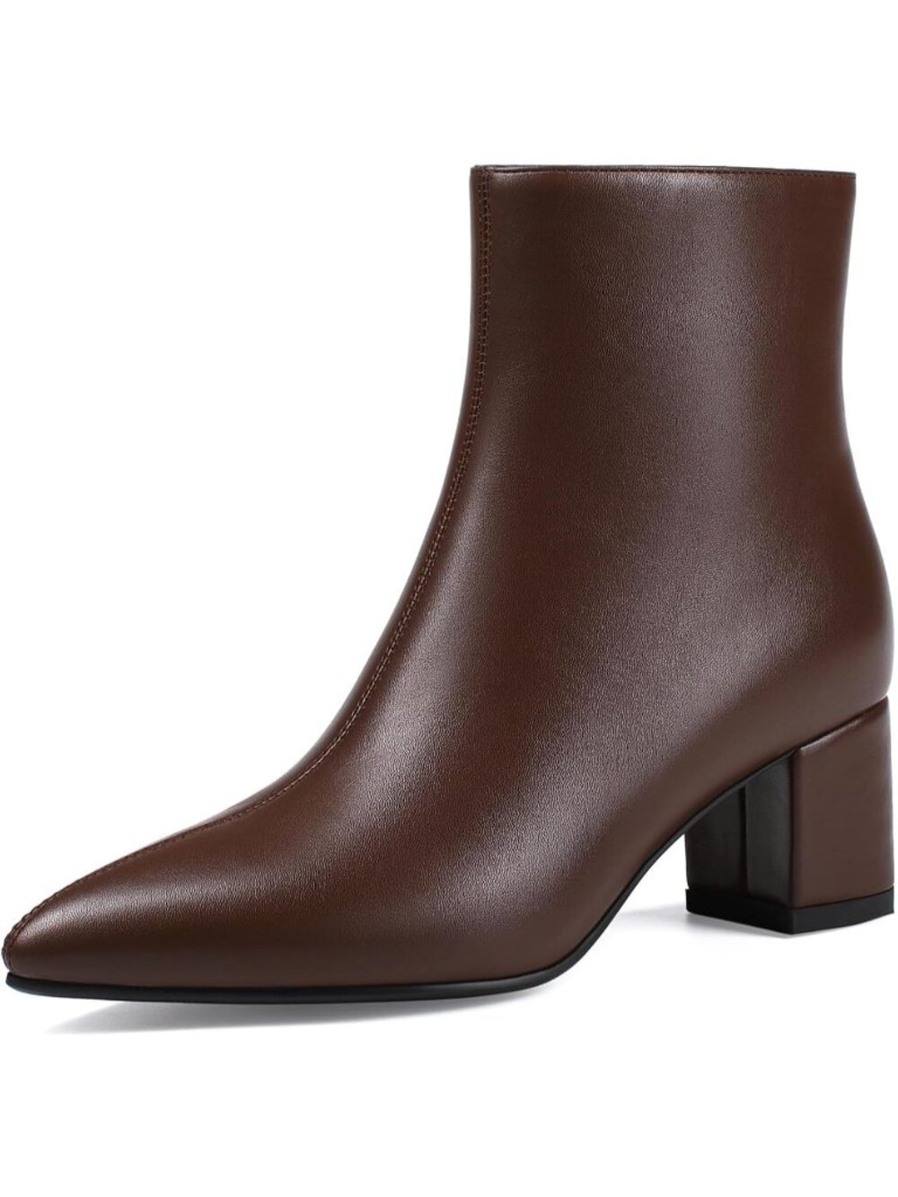 Women's Brown Pointed Toe Chunky Low Heel Comfortable Side Zipper Ankle Booties